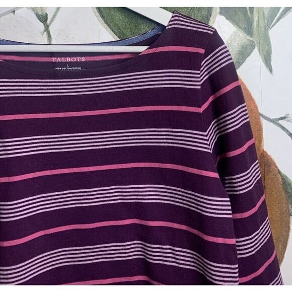 Talbots Large 100% Cotton Boatneck Striped Long Sleeve Shirt Burgundy Red - Picture 4 of 5